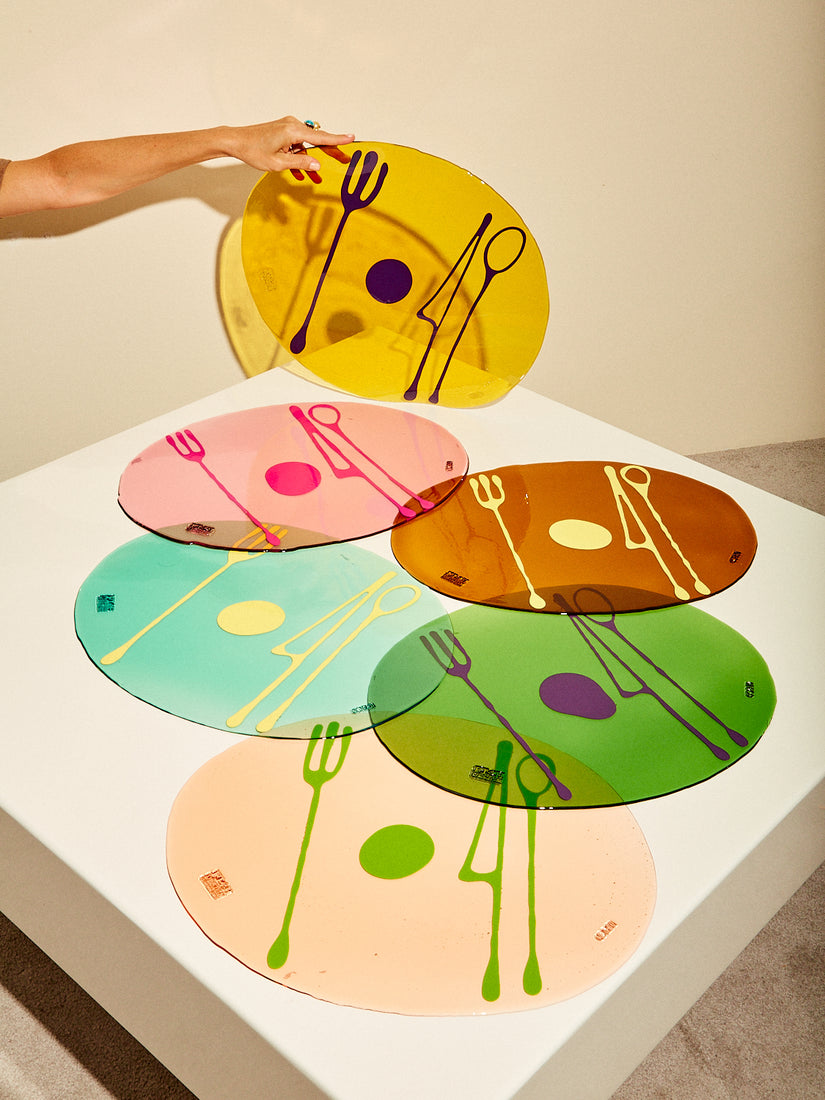 Six transparent Table-Mates placemats by Gaetano Pesce for Fish Design in various colorways.