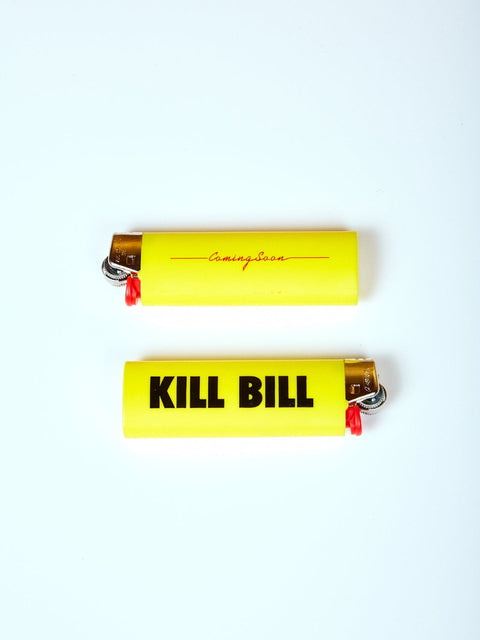 Yellow Bic lighters with Kill Bill and the Coming Soon logo printed on it.