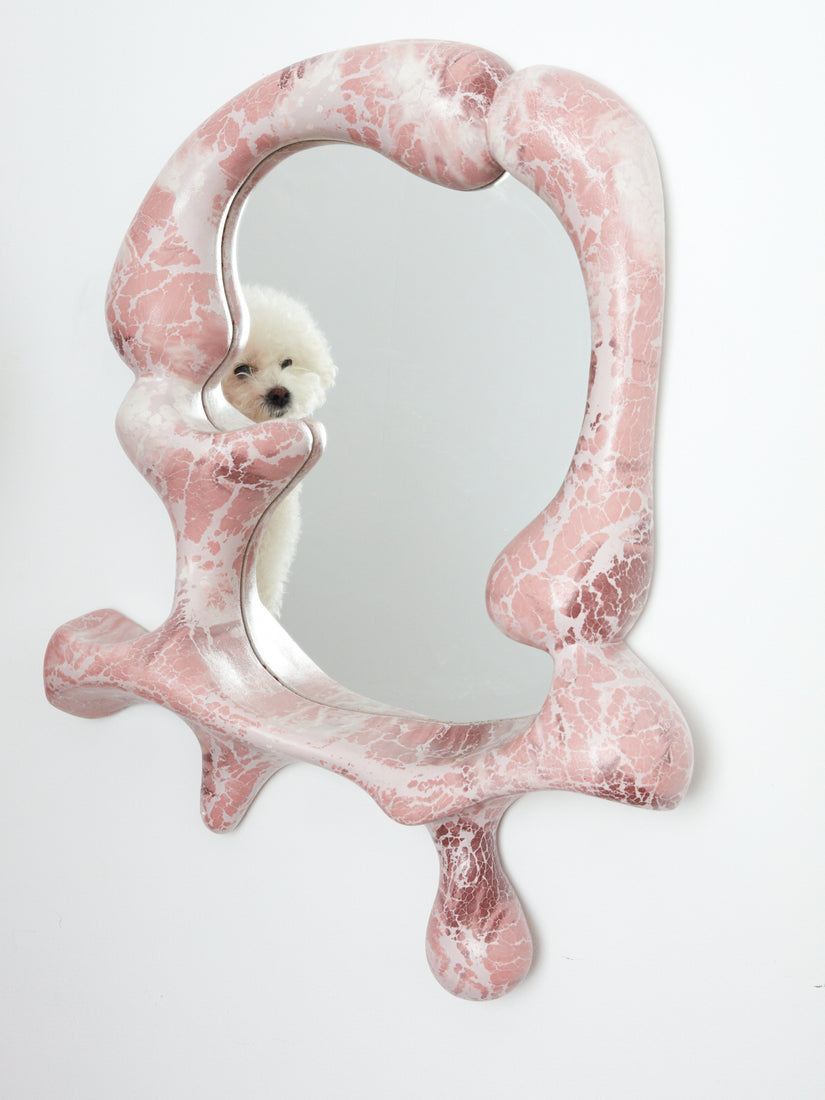 A small white fluffy dog can be seen in the reflection of the Pink Iris Mirror.