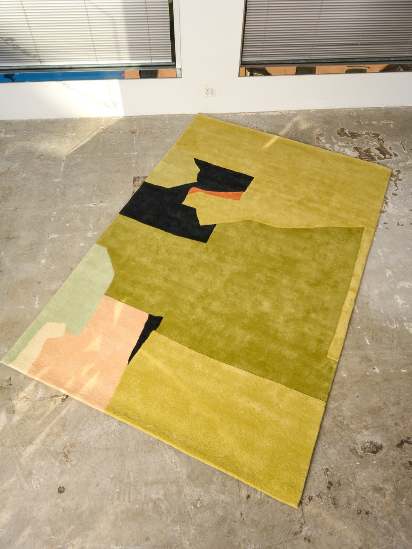 A mostly olive toned rug with abstract designs of black, orange, seafoam, and peach.