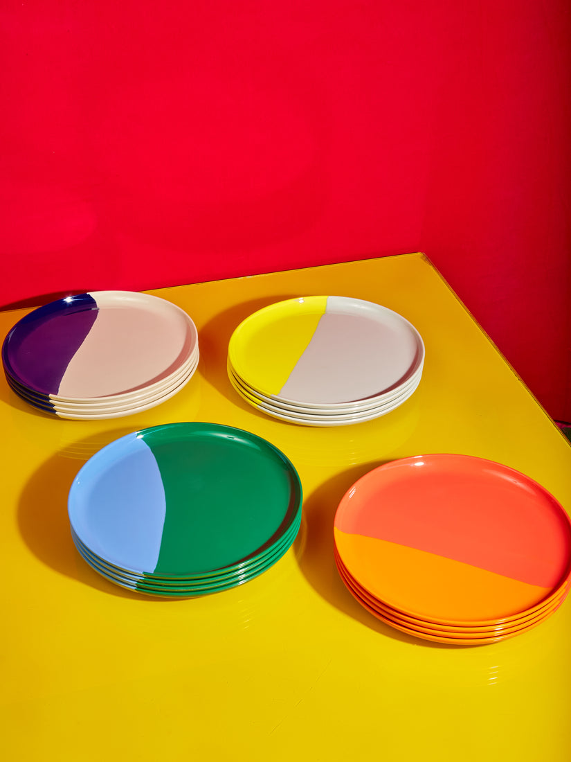 Ivory Navy Blue, Yellow Grey, Green Sky Blue, and Orange Pink Melamine Plates by Thomas Fuchs.