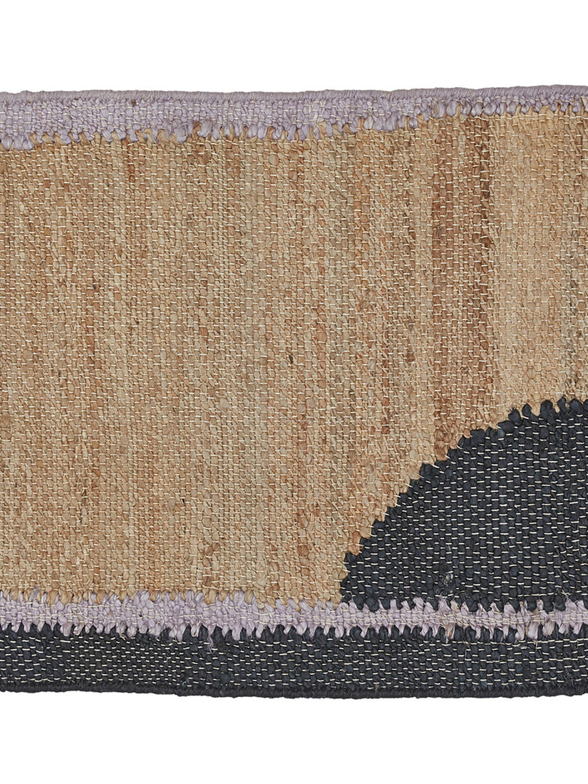 Purple, black, yellow, and natural hemp abstract rug.