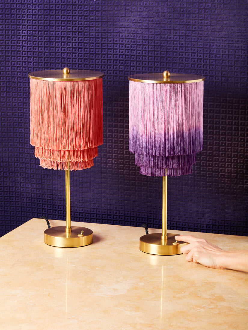 Coral and Purple Ombre Brass and Fringe Table Lamps by Huldra of Norway.