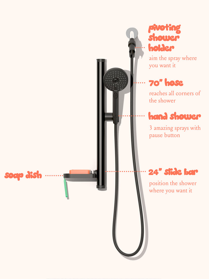 A black Minimalist Shower Head by Sproos with descriptive callout to its hose, hand shower, slide bar, and soap dish.
