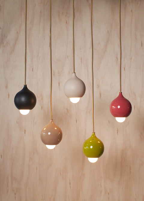 Five hanging Droplet Pendant lamps in different glazes.