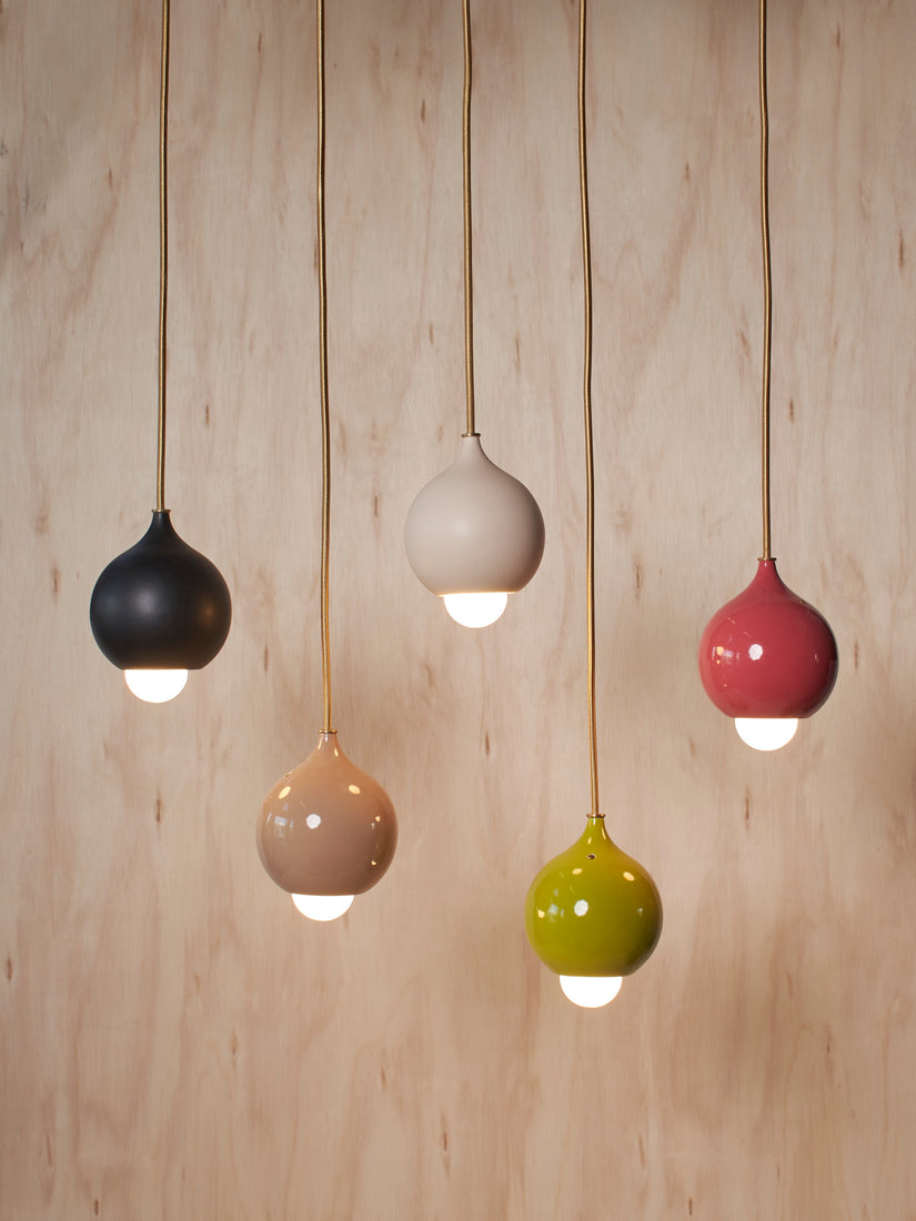 Five hanging Droplet Pendant lamps in different glazes.