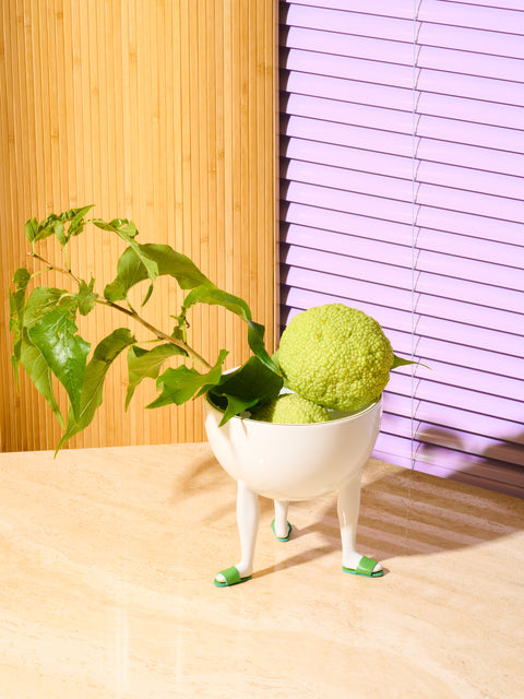 Leg Bowl full of hedge apples and a leafy branch.