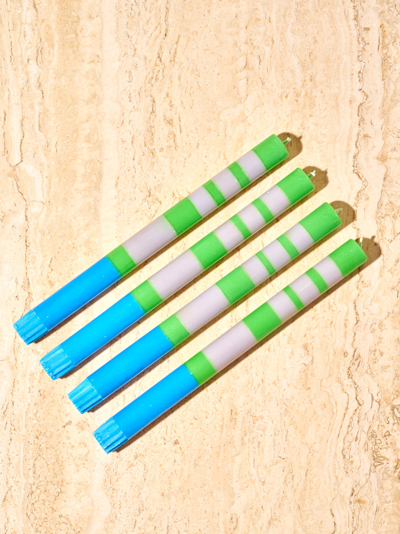 Set of 4 taper candles in green, grey, and blue by British Colour Standard.