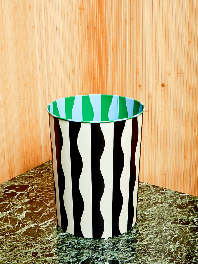A River pattern Pattern Bin, black and white outside, green and blue inside.