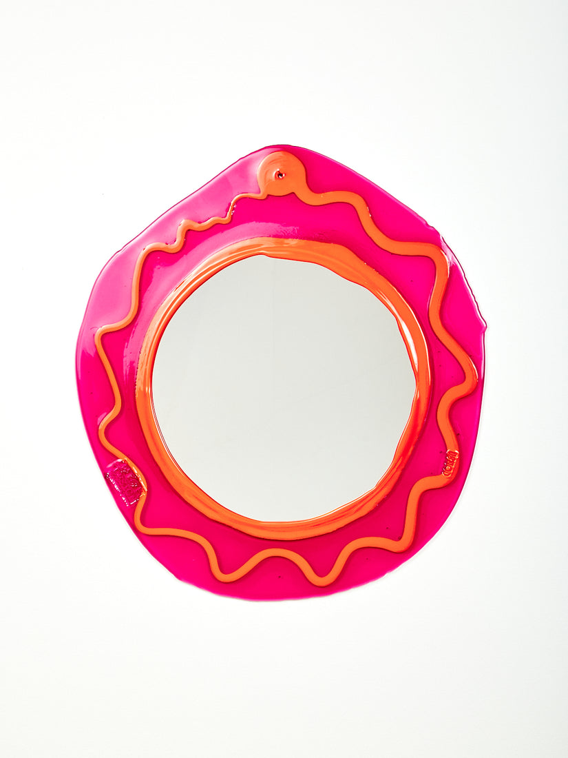 Round Mirror in Fuchsia Orange by Gaetano Pesce for Fish Design.