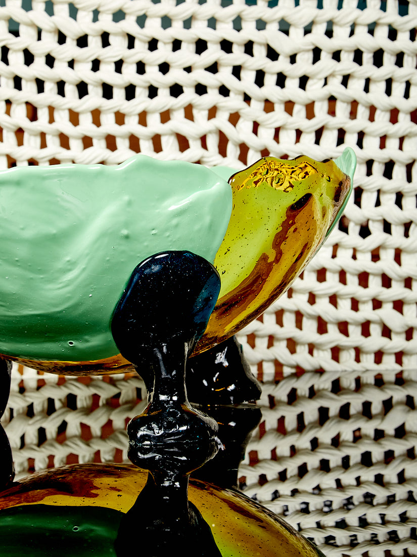 Close up of the amber, mint, and teal resins composing the Big Collina Basket.