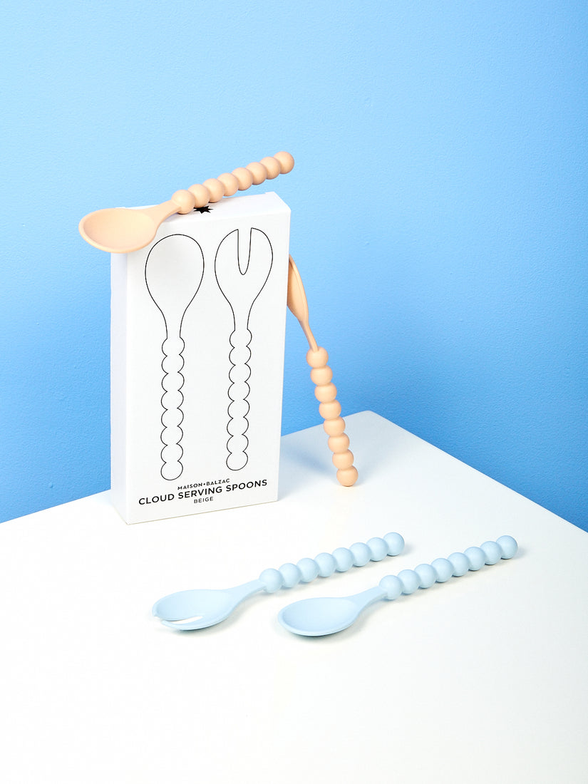 Beige and Sky Cloud Serving Spoons with their box.