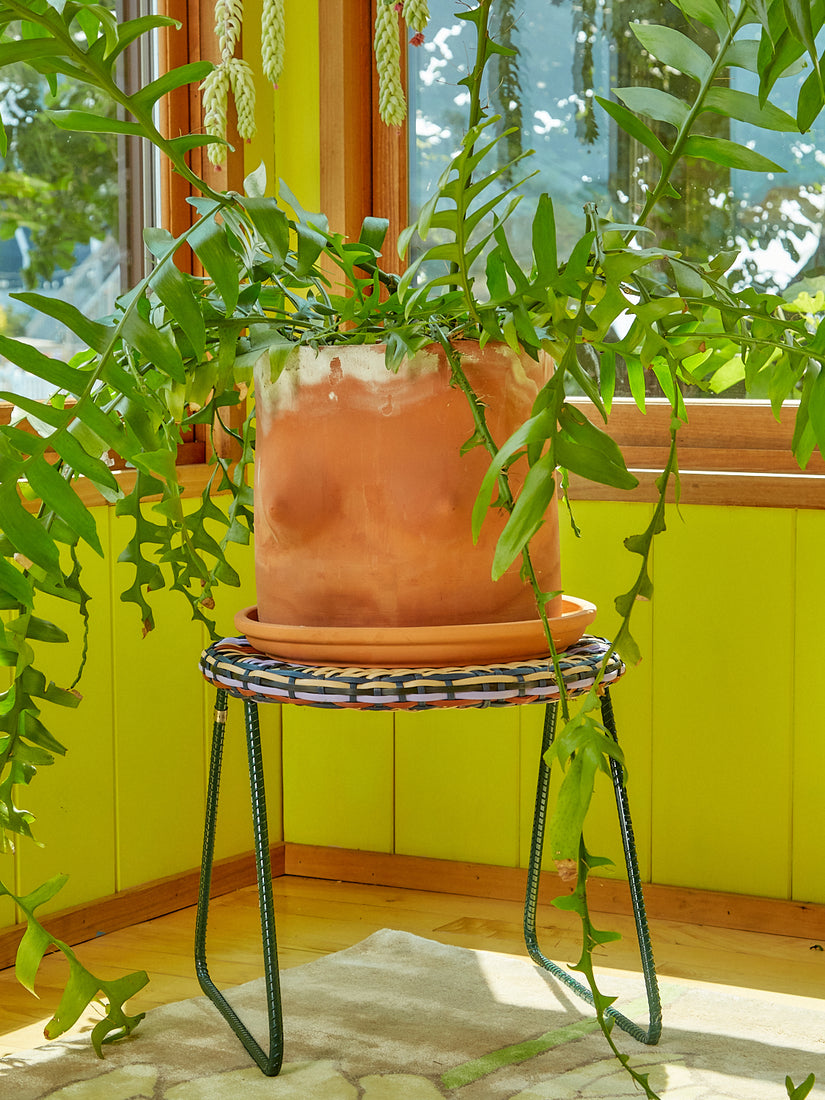 A Jumbo Nude Top Pot by Group Partner sits in the corner of a room, potted with a large leafy house plant. The pot sits atop a woven stooll.