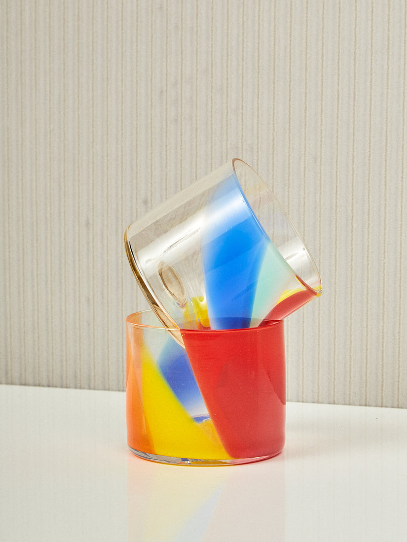 A pair of Rainbow Splash Cups by Bow Glass Works nested.