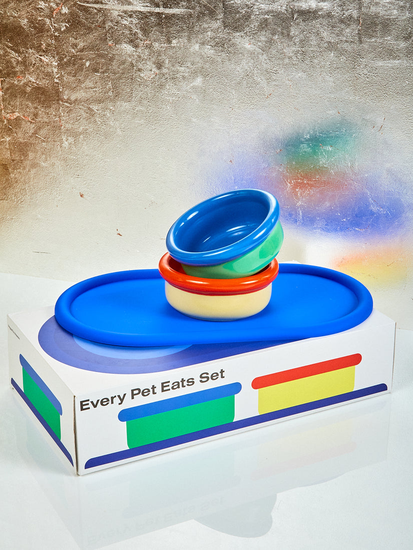 The Every Pet Eats Set by Areaware stacked atop its colorful branded box.