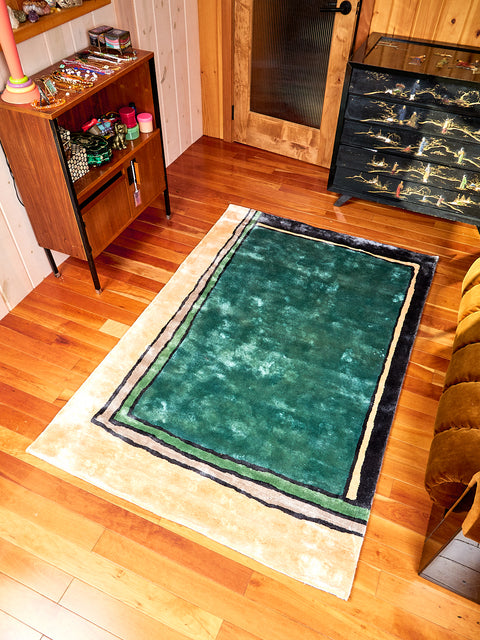 Frames Rug by Cold Picnic displayed on a wooden floor. Rug has colors of teal, black, green and cream. 