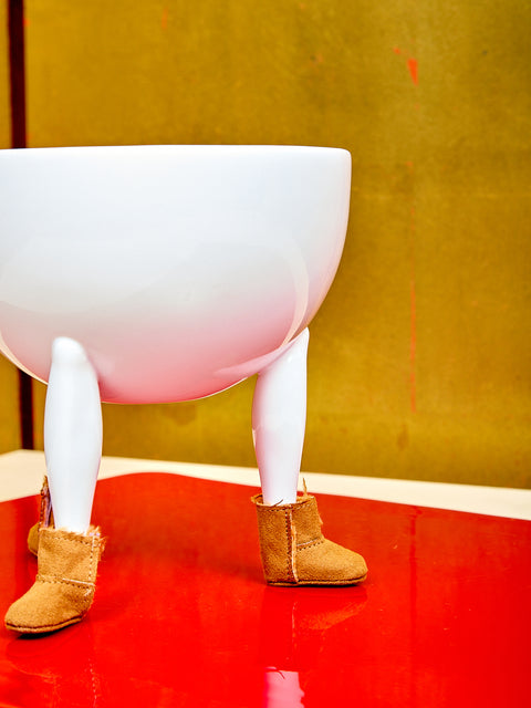 Leg Bowl with Leg Warmers and Suede Boots