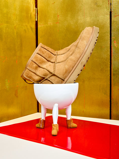 Leg Bowl with Leg Warmers and Suede Boots