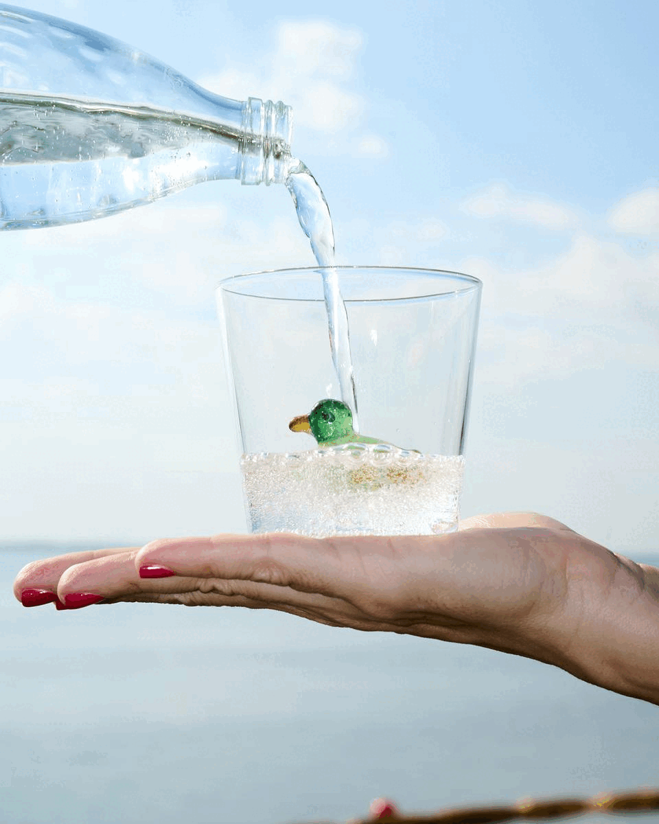 An image shows someone holding a small cup with a duck figure made of glass in the palm of their hand. Someone is pouring water into the cup from a clear bottle.