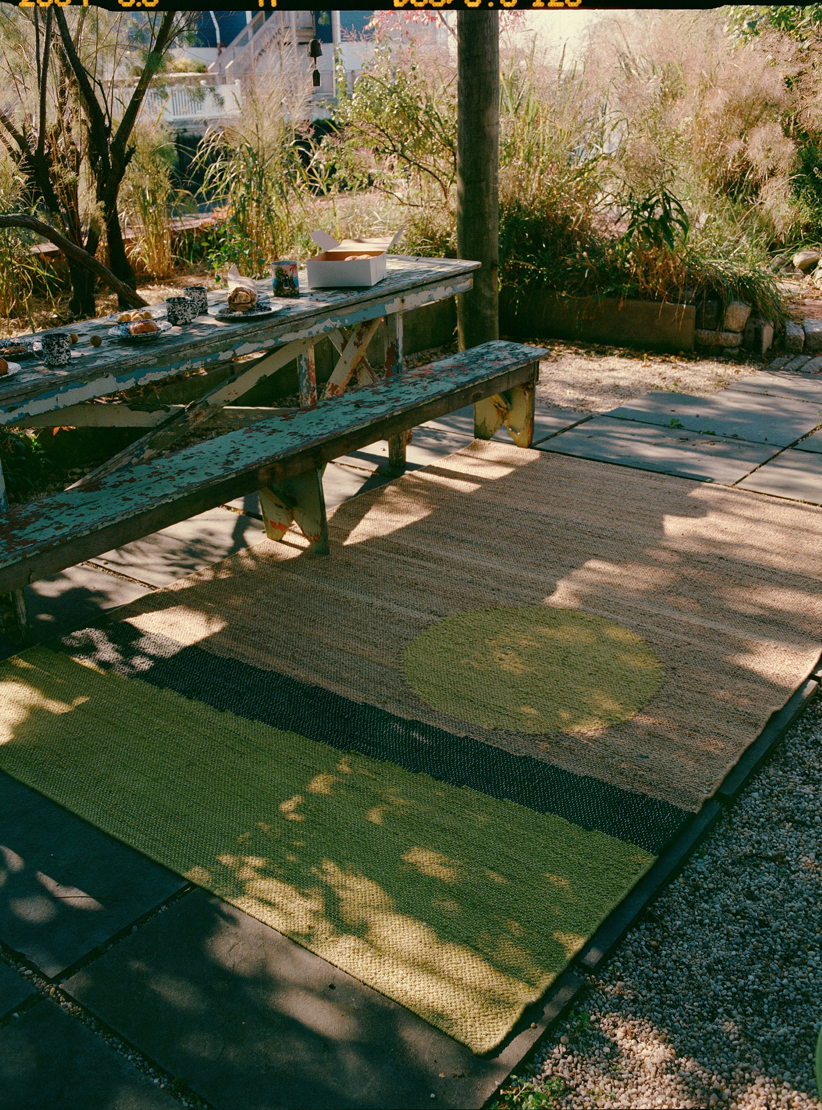 The Changeling Rug by Cold Picnic featured in an outdoor garden.