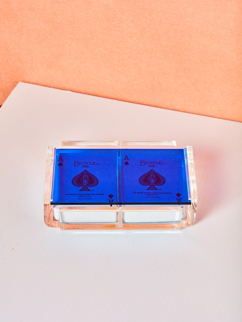 Blue Set of Luxe Playing Card by Luxe Dominoes. An acrylic case with a colored transparent acrylic lid and two decks of bicycle playing cards inside.
