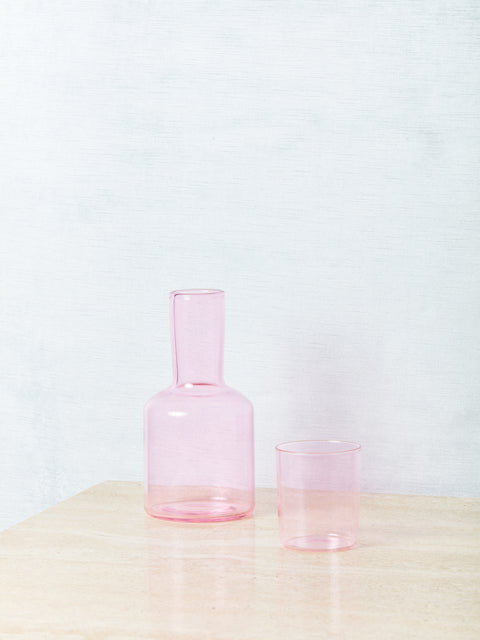 A pink bedside carafe by Maison Balzac.