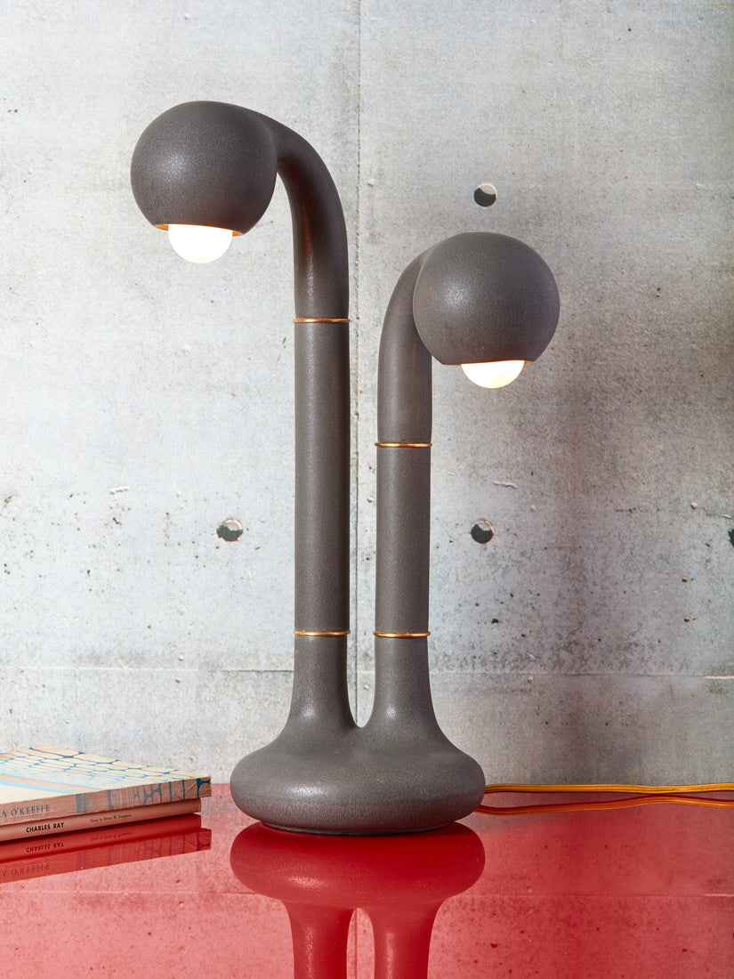 Entler's two globe ceramic table lamp in a matte charcoal glaze with brass hardware sits atop a glossy red surface.
