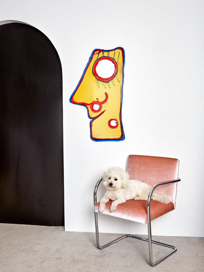 A white dog sits in a pink chair in front of the yellow Look At Me Mirror hung on the wall.