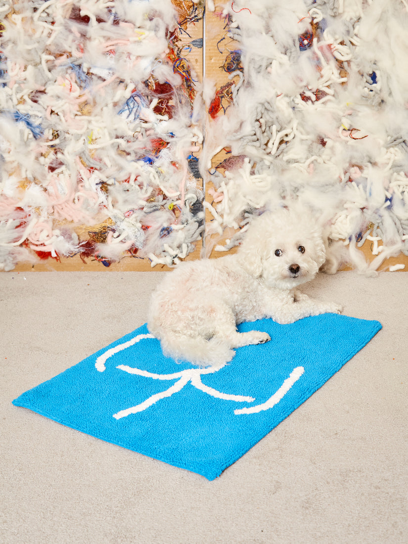 A white bichon frise dog sitting atop a blue tushy bath mat.