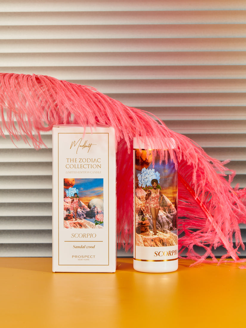 Scorpio Zodiac Candle by Madelaine Buttini and it's box.
