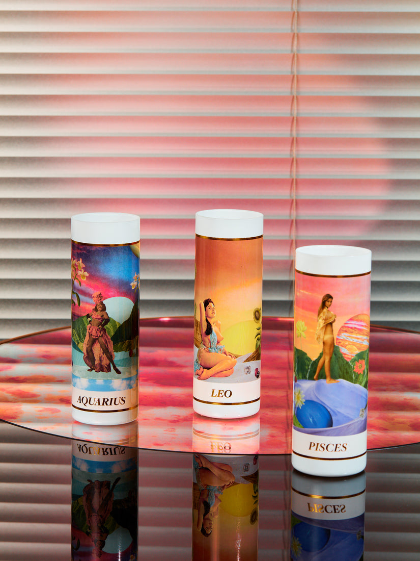 Aquarius, Leo, and Pisces Zodiac Candles by Madelaine Buttini.