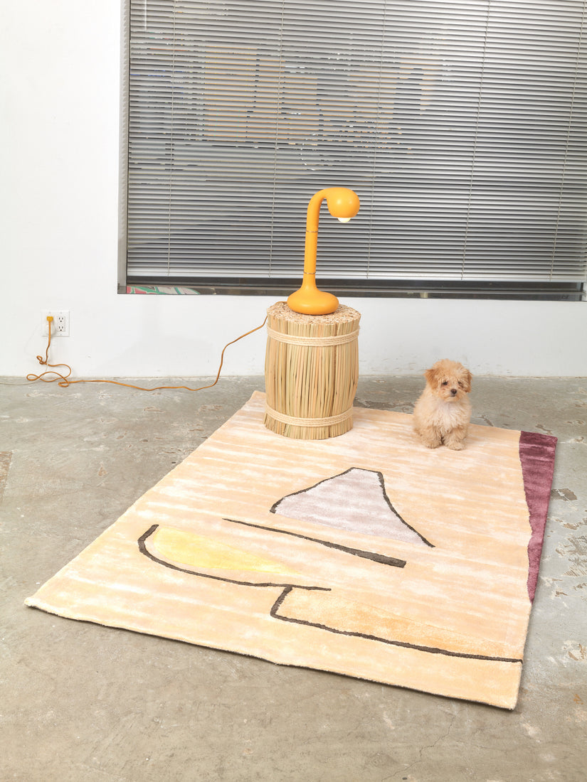 A small dog, rattan stool, and orange table lamp sit atop a 4x6 Sherbet Rug by Cold Picnic.
