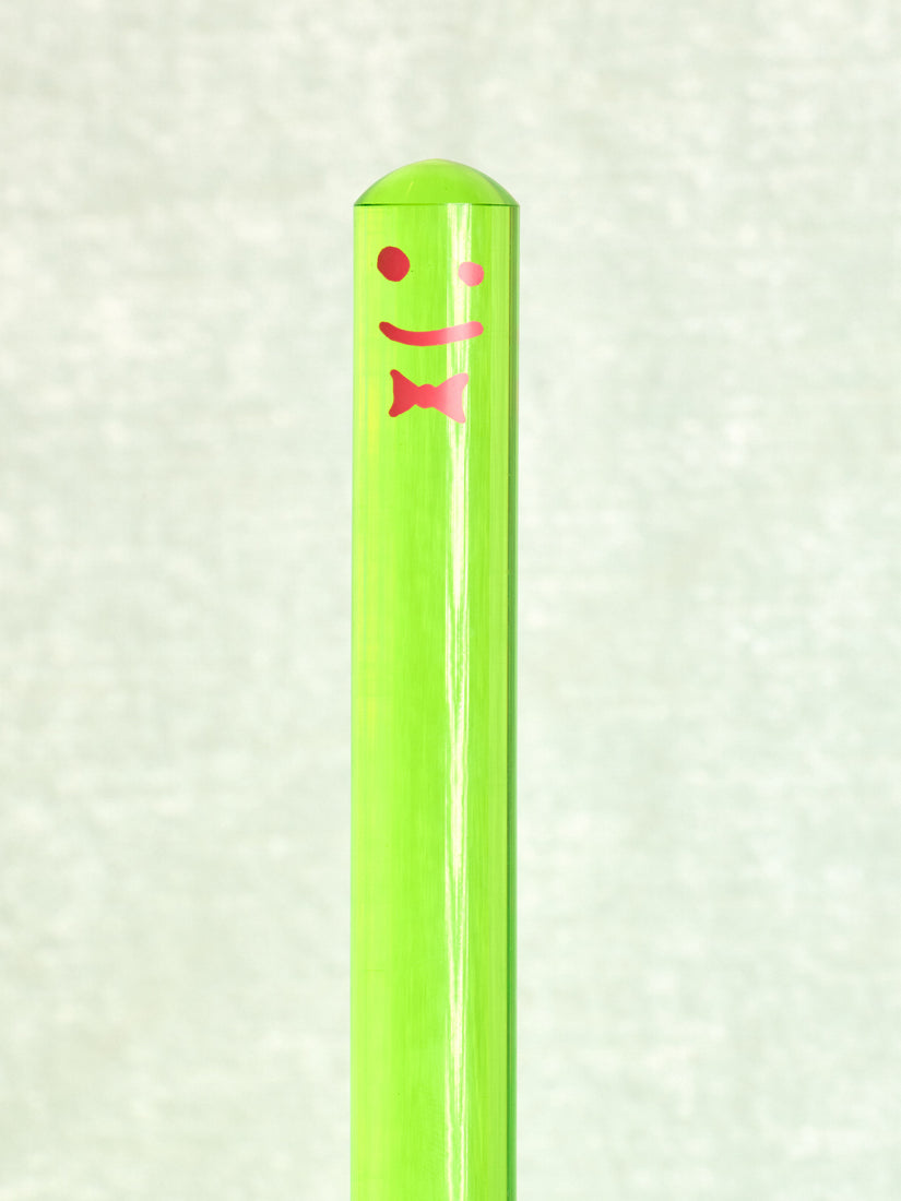 A close up of the pink face on the end of the green toilet brush handle.