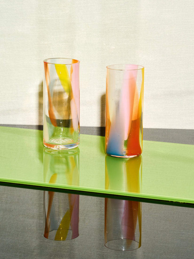 A pair of Rainbow Splash Highball glasses by Bow Glass.