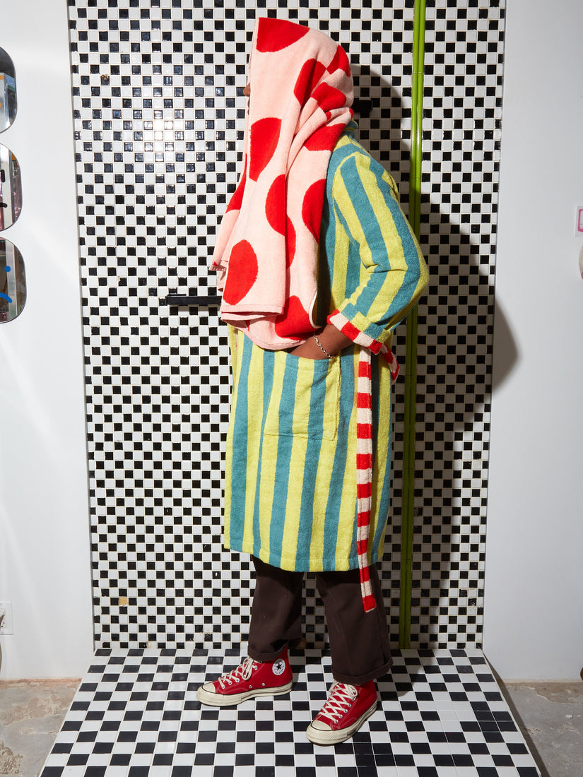 Lime Stripe Robe being worn in a black and white checkered tiled environment.