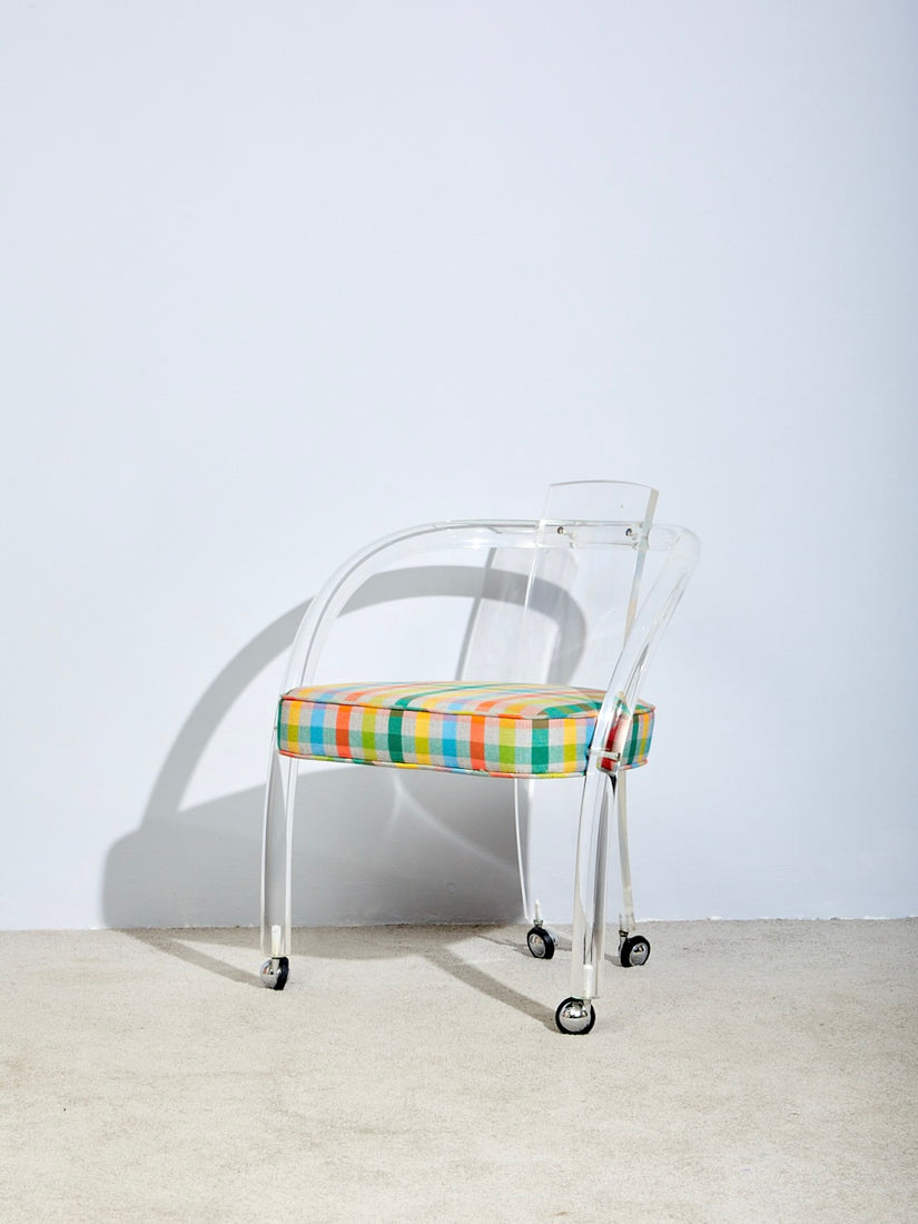 Lucite Loop Chair by Wycombe Meyer upholstered in a multicolor gingham fabric.