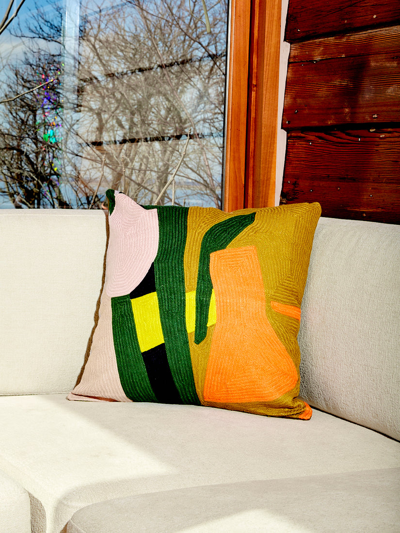Nightlight Pillow by Cold Picnic featuring olive, forest green, orange, lime green, pink, and black.