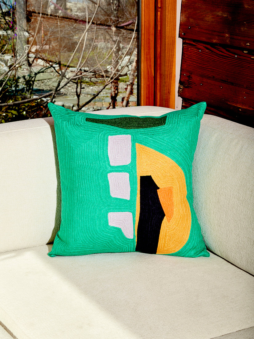 Limelight Pillow by Cold Picnic featuring teal green, forest green, tangerine, orange, black, and grey.