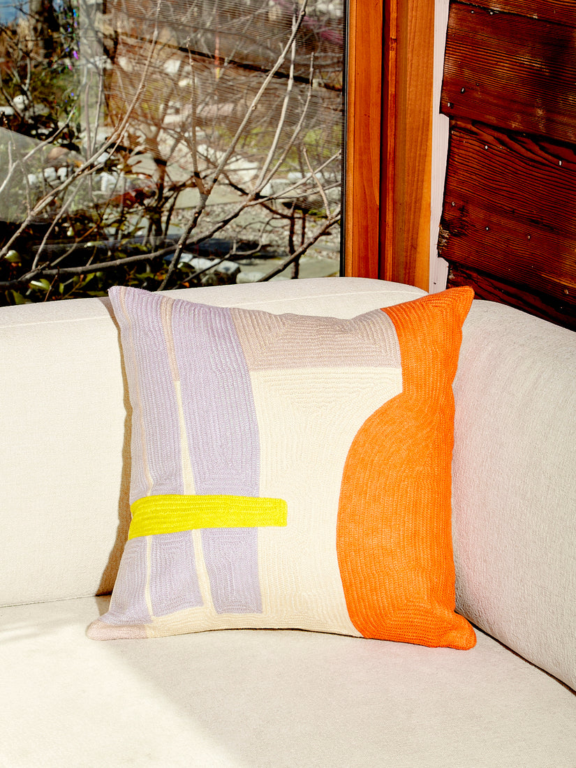 Light as a Feather Pillow by Cold Picnic featuring orange, lilac, yellow, cream, and beige.