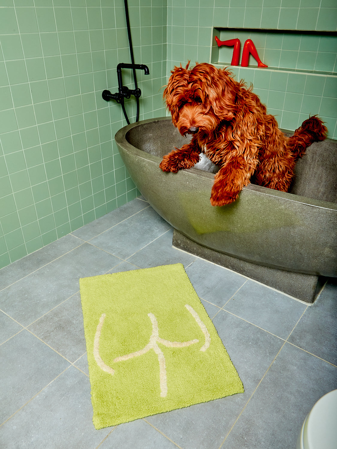 Rafa the labradoodle in a stone tub next to a tushy bath mat.