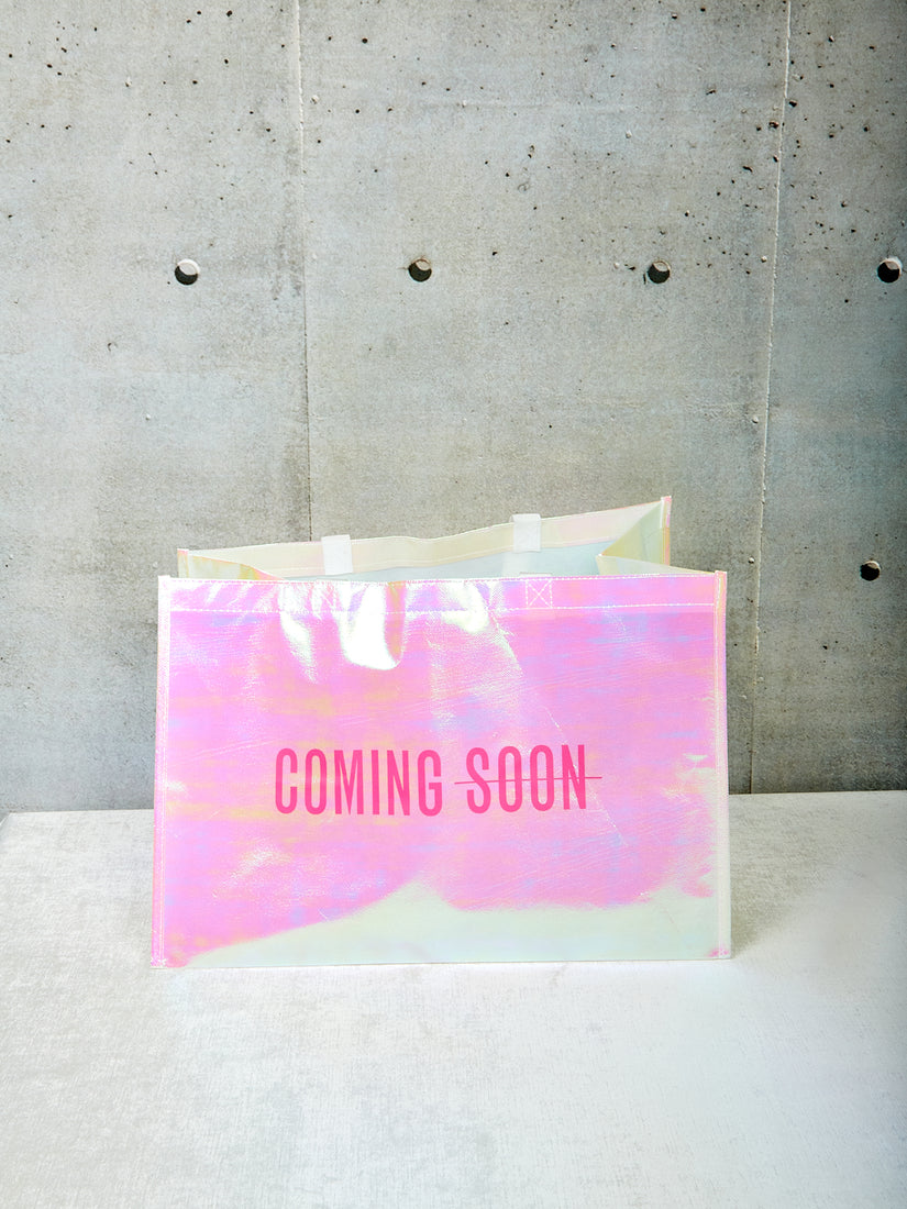 A straight on view of the Coming Soon tote bag.