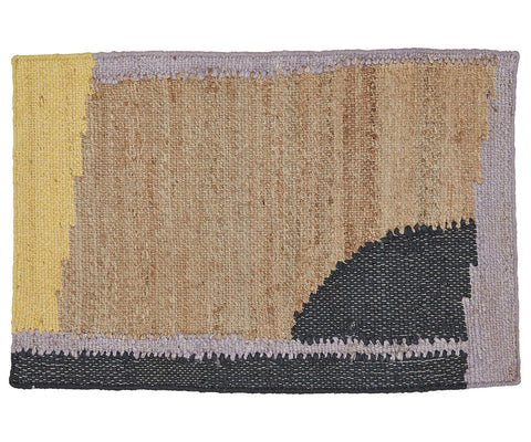 Purple, black, yellow, and natural hemp abstract rug.